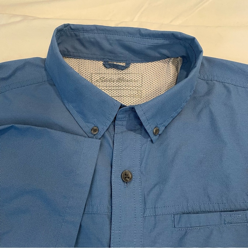 Eddie Bauer Mens Casual Blue Button-Down Shirt Short Sleeve Tall Large Quick Dry
